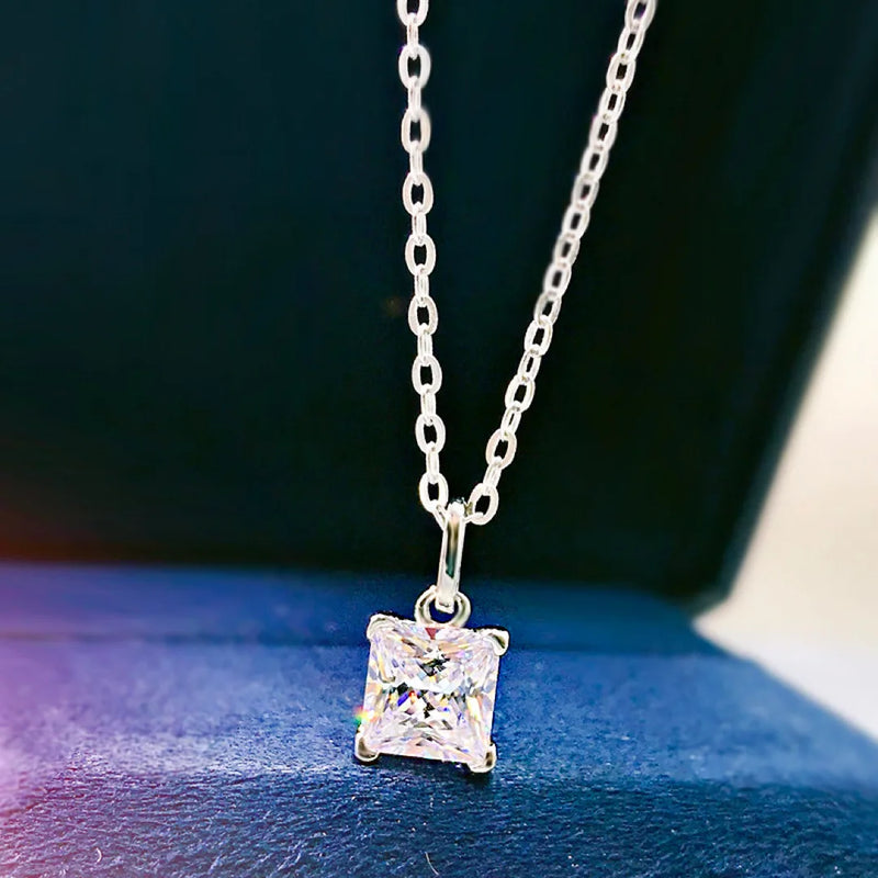 S925 Silver Princess Square Necklace High Carbon Diamond Pendant