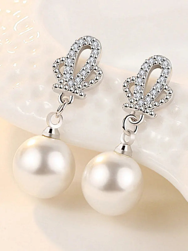 925 Sterling Silver Crown Zircon Pearl Earrings. Birthday Jewelry