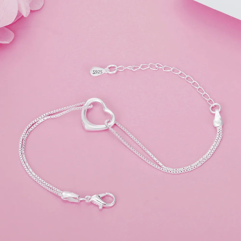 925 Silver 8" Box Chain Heart Bracelet Women's Wedding Party Jewelry