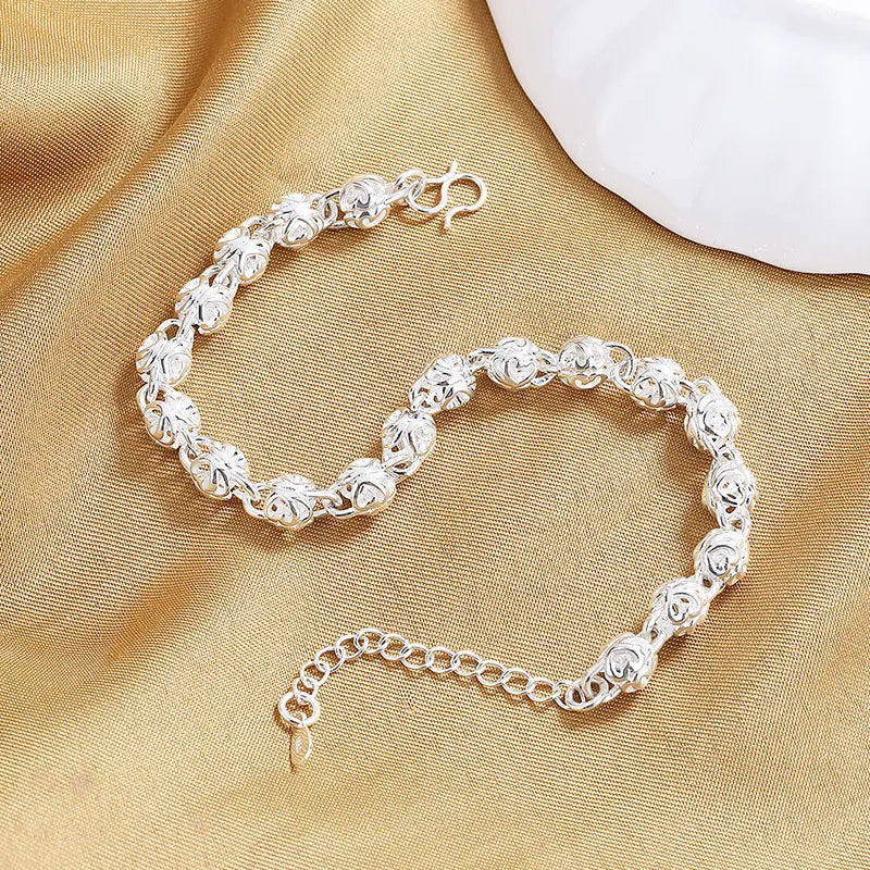 S925 Sterling Silver 8" Hollow Ball Chain Bracelet Women Charm Wedding Gift