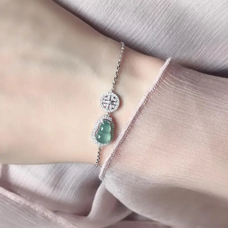 Sterling Silver Lux Gourd Bracelet with Full Diamond Chalcedony Jade