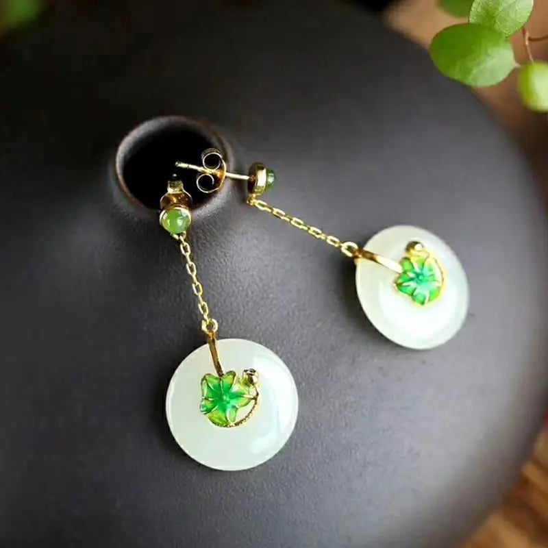 S925 Silver Hetian Jade Peace Buckle Set Necklace with Earrings