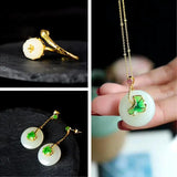 S925 Silver Hetian Jade Peace Buckle Set Necklace with Earrings