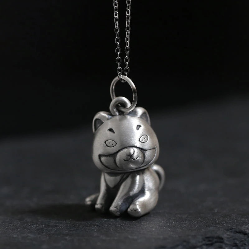 S925 Sterling Silver Dog Pendant Necklace Retro Style Jewelry
