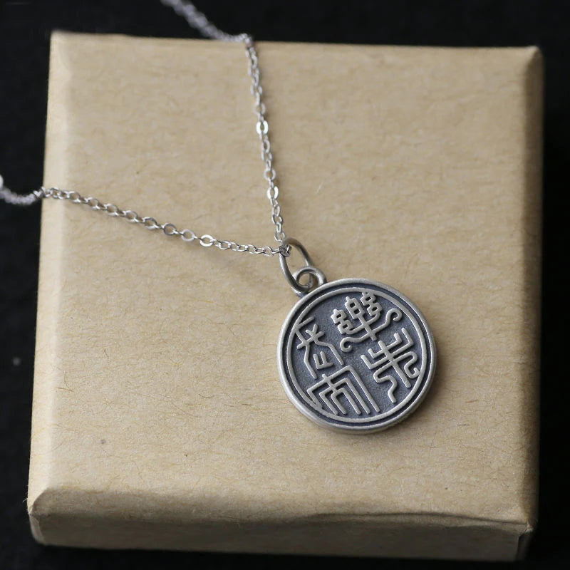 S925 Sterling Silver Necklace Round Sign Small Seal Character Pendant