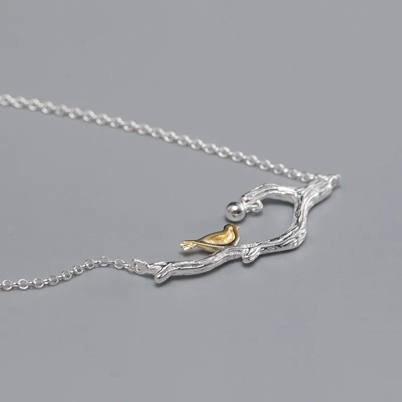 S925 Sterling Silver Branch Bird Necklace Female Ethnic Collarbone Chain