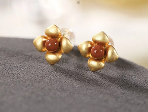 Gold-Plated Red Agate Earrings, S925 Sterling Silver