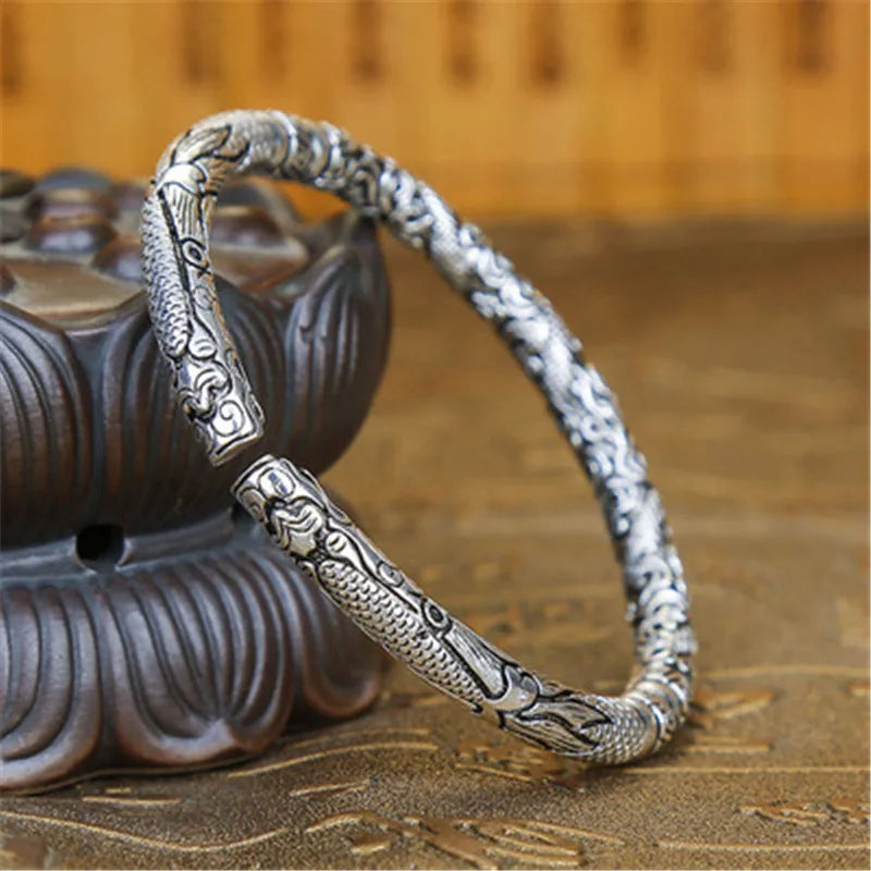 S999 National Style Retro Solid Silver Bracelet for Women and Men