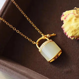 Silver Inlaid Hetian Jade Small Lock Chain Necklace Women's Pendant