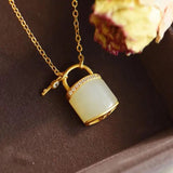 Silver Inlaid Hetian Jade Small Lock Chain Necklace Women's Pendant