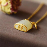 Silver Inlaid Hetian Jade Small Lock Chain Necklace Women's Pendant