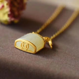 Silver Inlaid Hetian Jade Small Lock Chain Necklace Women's Pendant