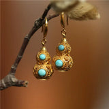 Turquoise Earrings Silver Inlaid Gourd Chinese Retro Charm Women's Jewelry