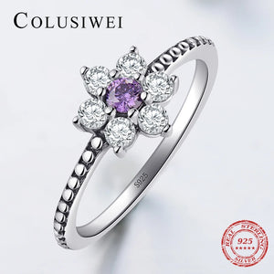 925 Sterling Silver Purple Crystal Flower Ring