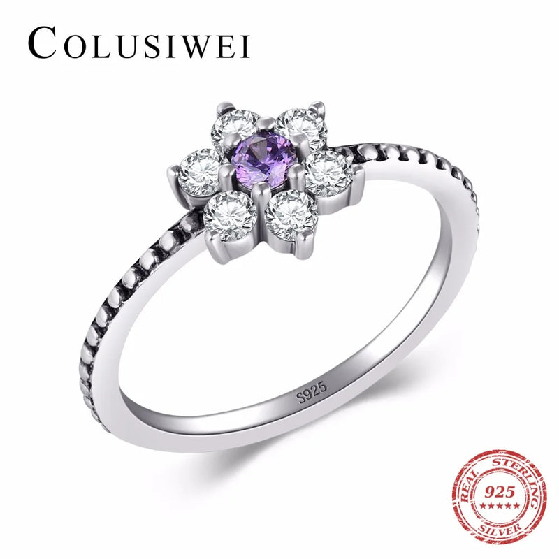 925 Sterling Silver Purple Crystal Flower Ring