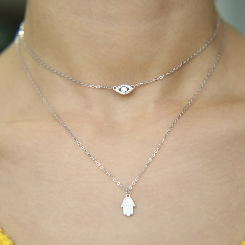 925 Silver Hamsa Hand Evil Eye Double Layer Necklace