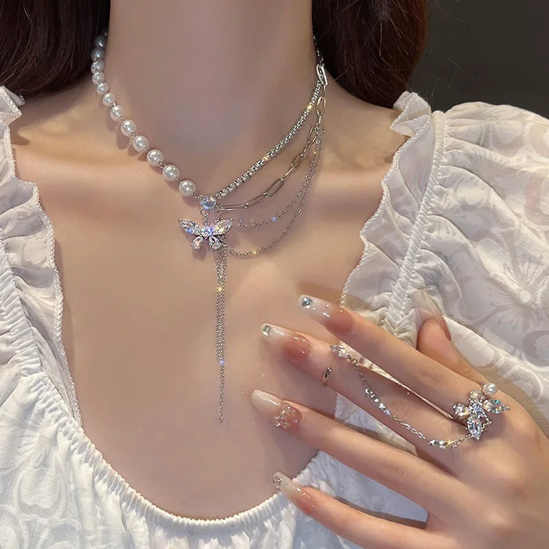 Crystal Butterfly Necklace Multilayer Pearl Chain