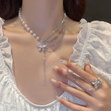 Crystal Butterfly Necklace Multilayer Pearl Chain