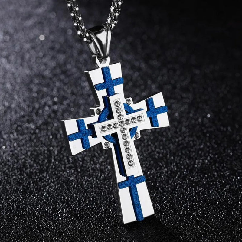 Crystal Stainless Steel Silver Cross Crucifix Pendant Necklace