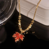 Crystal Red Maple Leaf Charm Pendant Necklace for Women