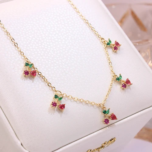 Crystal Cherry Choker Necklace Women Charm Pendant Jewelry