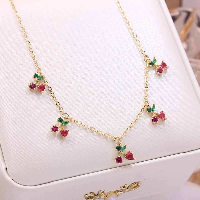 Crystal Cherry Choker Necklace Women Charm Pendant Jewelry
