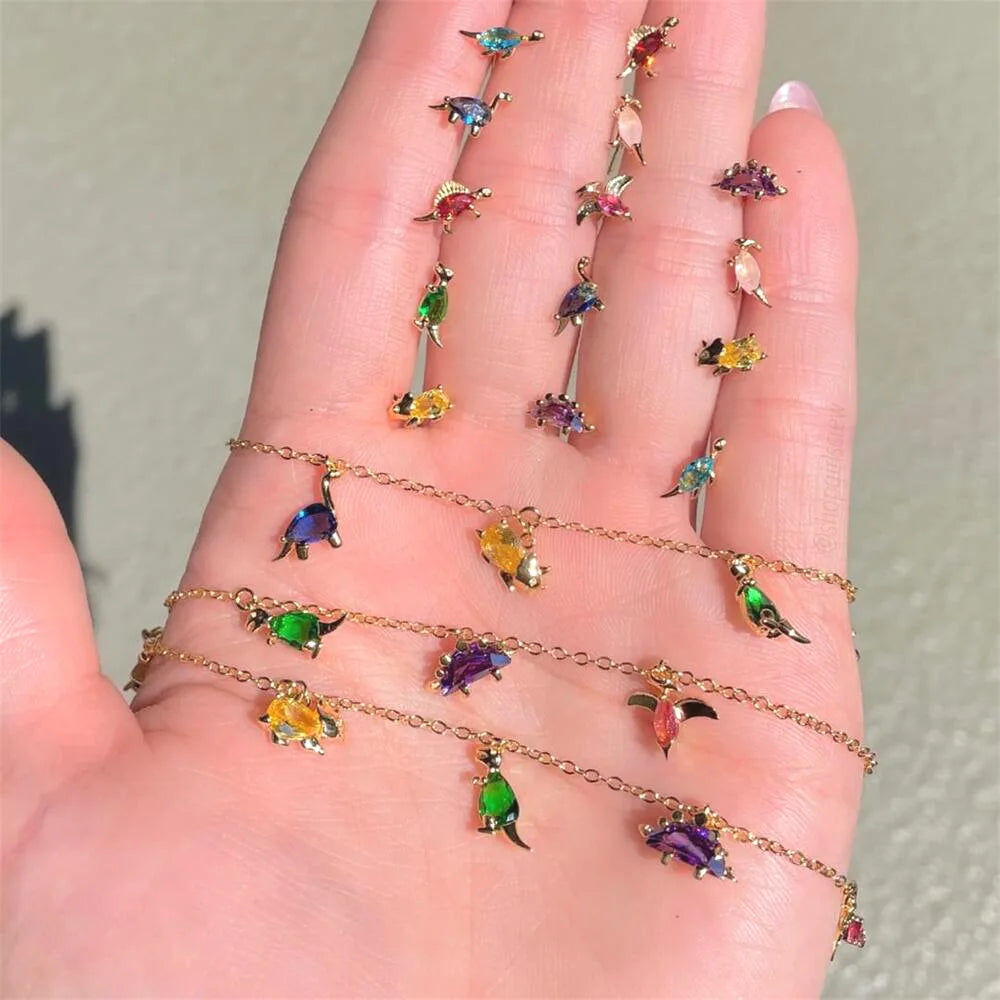 Multicolor Crystal Animal Charm Bracelet Zirconia Dinosaur Pendant