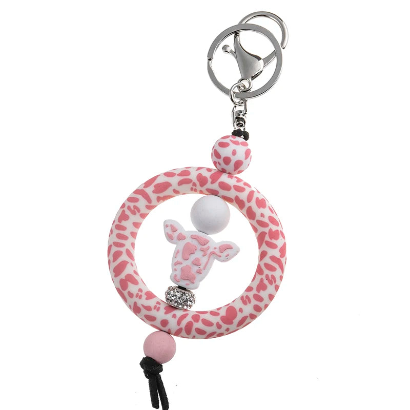 Cow Print Beaded Pendant Keychain for Women Girls Charm Lover