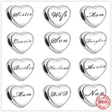 Silver 925 Family Heart Charm Bead For Women Bracelet DIY Jewelry