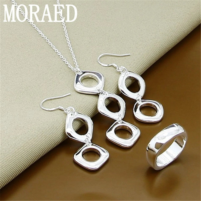 Silver 925 Square Round Pendant Jewelry Set For Women Men