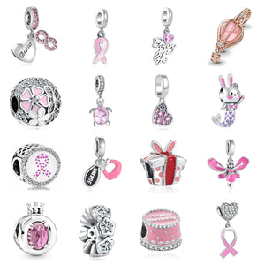 Silver Pink Infinite Ribbon Cake Dangle Charm Bead for Bracelets