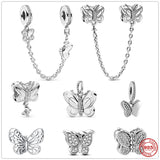 925 Silver Sparkling Butterflies Safety Chain Charm Bead for Bracelet DIY