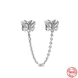 925 Silver Sparkling Butterflies Safety Chain Charm Bead for Bracelet DIY
