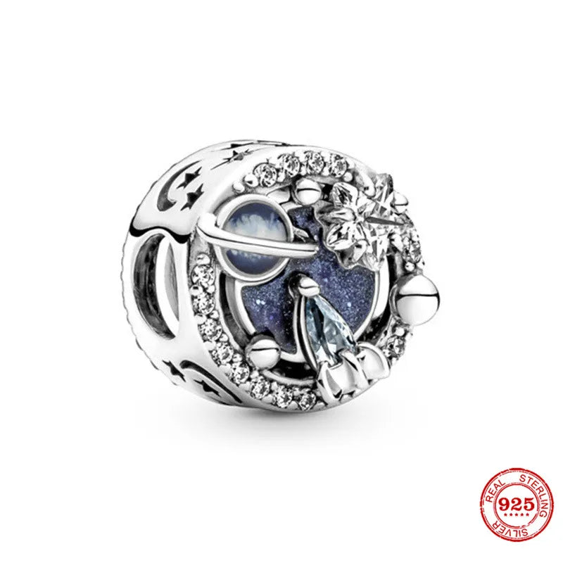 925 Silver Sparkling Stars Moon Astronaut Charm Bead for Bracelet