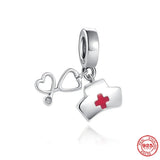 Silver 925 Stethoscope Pendant Nurse Cap Charm Bead for Bracelet DIY Jewelry