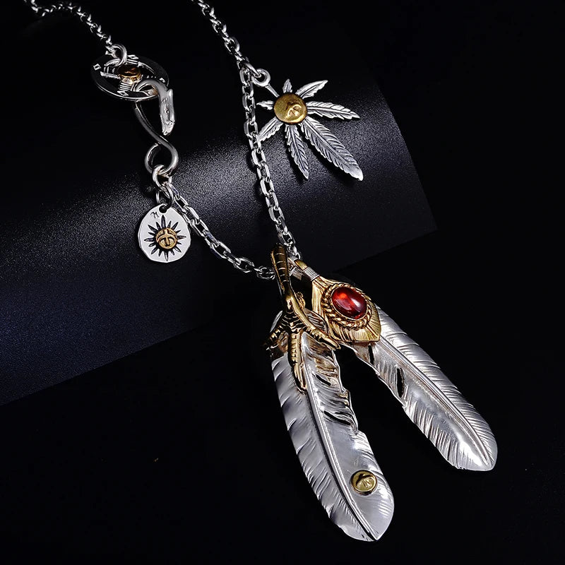 Vintage Style Feather Silver Long Men Sweater Pendant Set