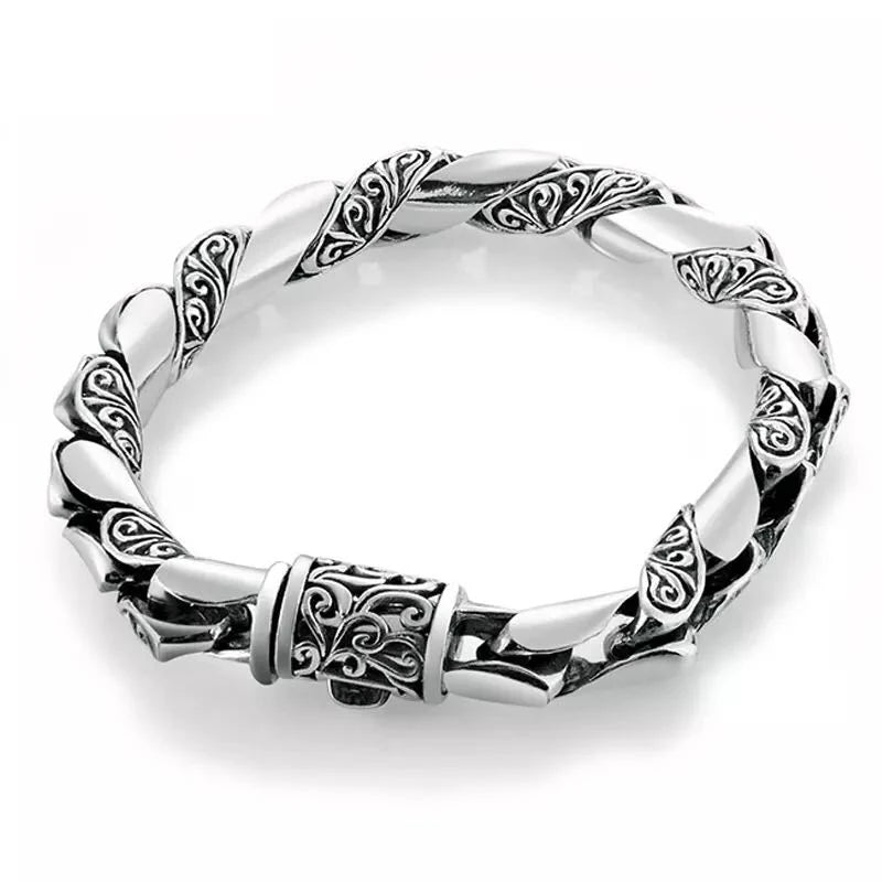 Vintage Punk Silver Bracelet Auspicious Flowers Embossed Thai Silver Jewelry