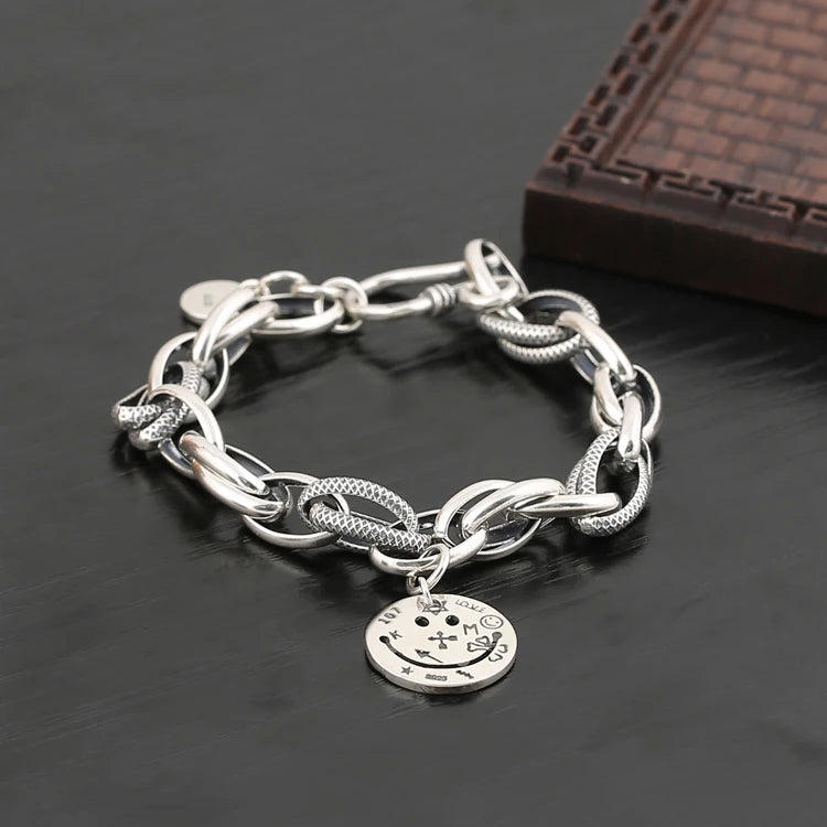 Silver Bracelet Smiley Face Love Lock Retro Hand-made Extension Tail Chain