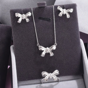 Silver Bowknot Wedding Jewelry Set - Rings Earrings Necklaces