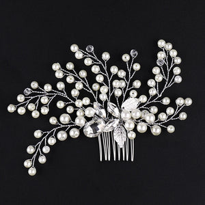 Silver Pearl Hair Accessories Crystal Leaves Tiara Hair Combs Clip