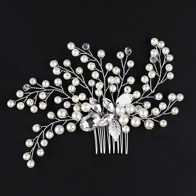 Silver Pearl Hair Accessories Crystal Leaves Tiara Hair Combs Clip