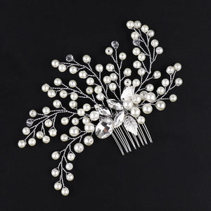 Silver Pearl Hair Accessories Crystal Leaves Tiara Hair Combs Clip