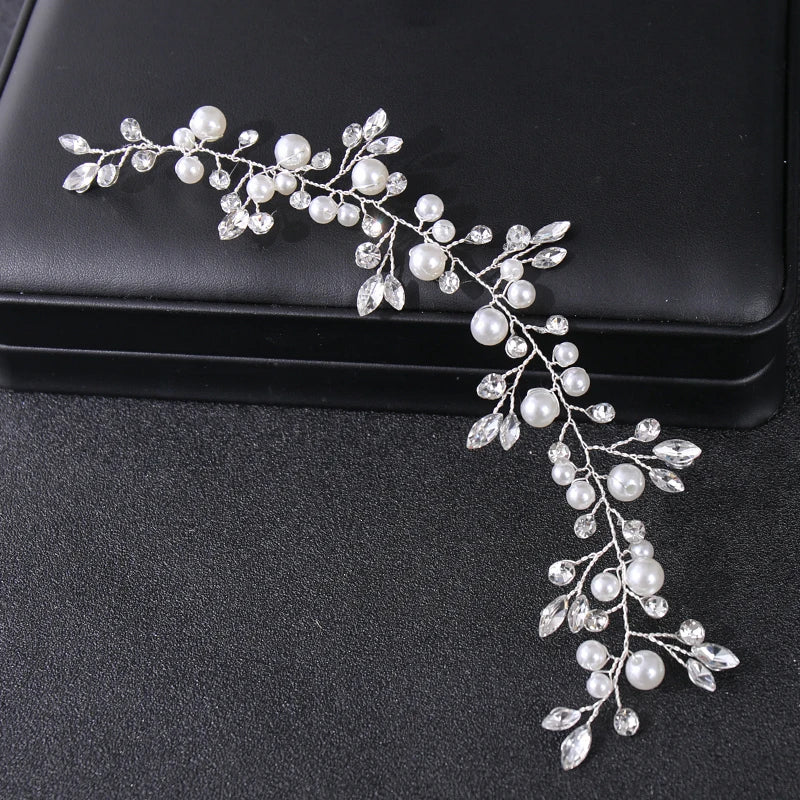 Silver Pearls Wedding Headband Crystal Hairpiece for Bride