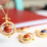 Silver Inlaid Natural Enamel Agate Pendant Necklace Retro Craft Jewelry