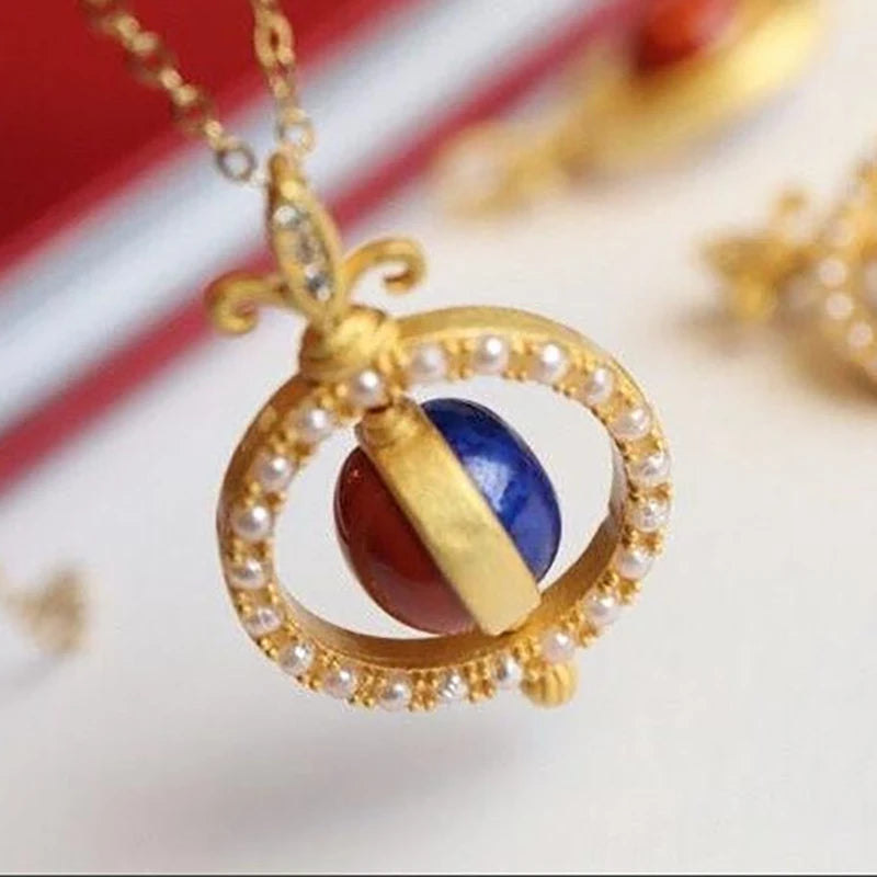 Silver Inlaid Natural Enamel Agate Pendant Necklace Retro Craft Jewelry