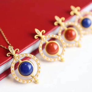 Silver Inlaid Natural Enamel Agate Pendant Necklace Retro Craft Jewelry