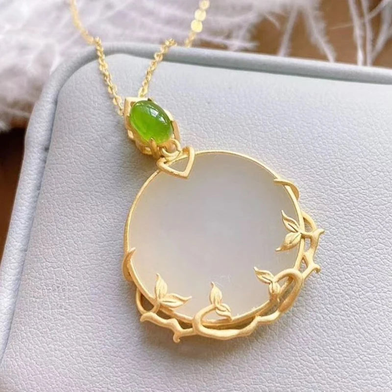 Silver Inlaid Hetian Jade Pendant Necklace Chinese Retro Style Jewelry