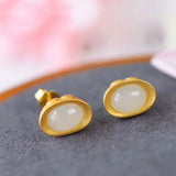 Silver Inlaid Hetian Jade Small Ingot Ring Chinese Style Retro Palace