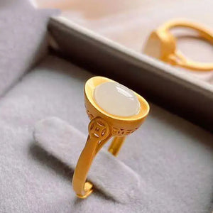Silver Inlaid Hetian Jade Small Ingot Ring Chinese Style Retro Palace