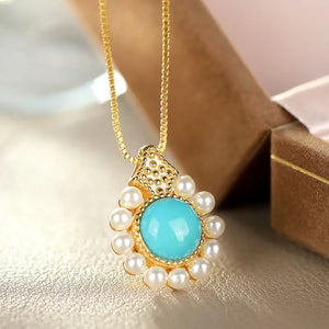 Silver Inlaid Turquoise Pearl Pendant Necklace Chinese Retro Charm